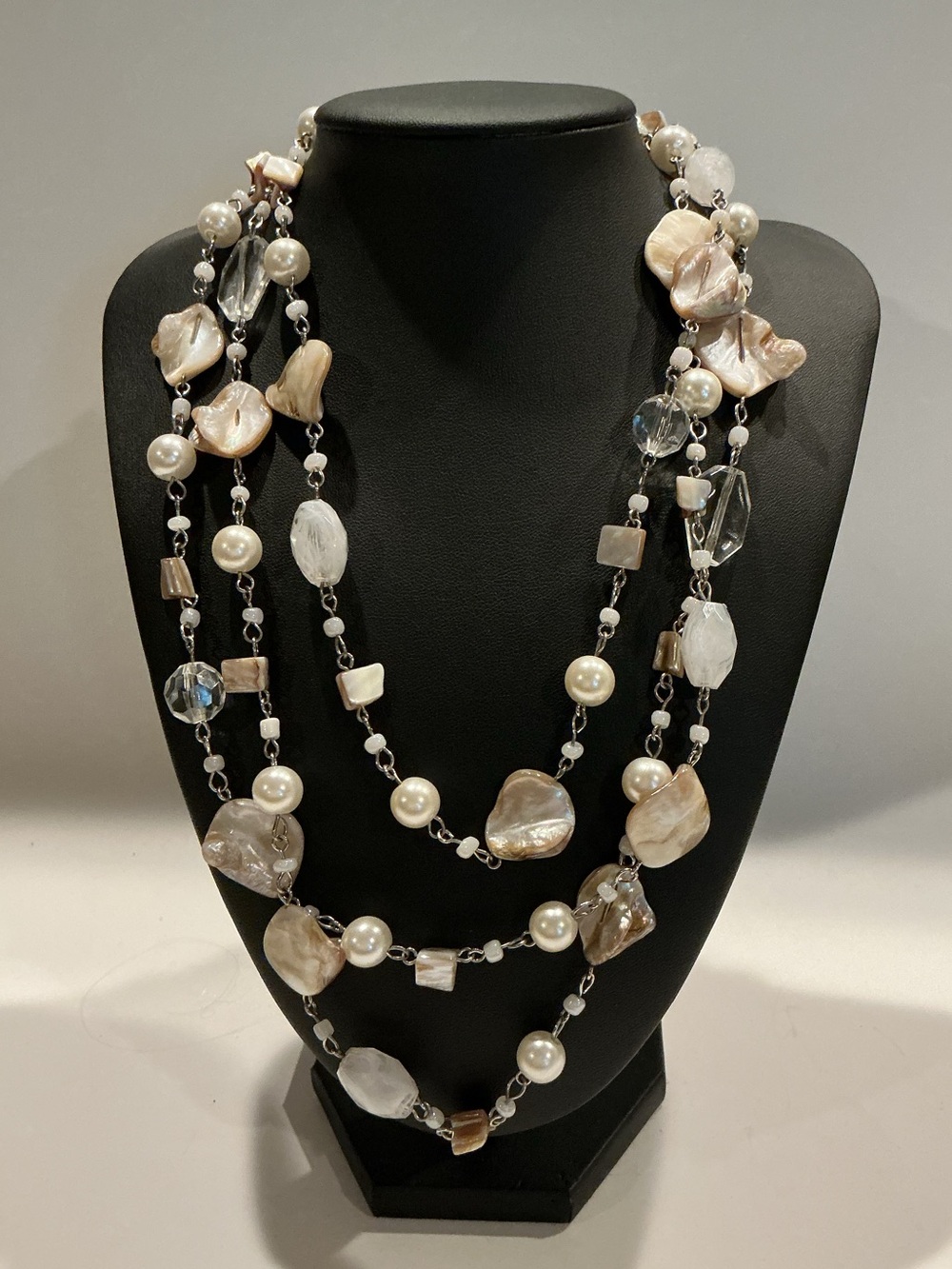 Mother of Pearl, Pearl Beaded necklace 64” long - wear as 2 or 3 strand style
